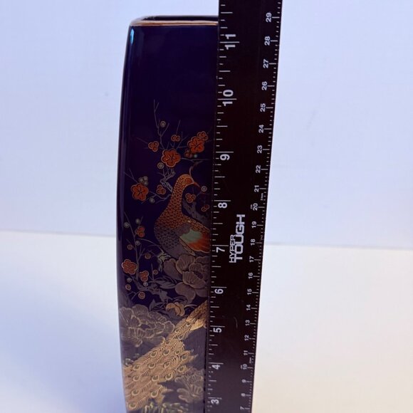 Japanese Peacock Vase Cobalt Blue VTG Tall Square Cylinder Floral Kutani Style - Picture 8 of 16